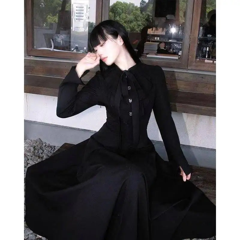 Japanese Gothic Vintage Black Dress Slim Elegant Midi Dress Solid Retro Fashion Party Dress Woman Koran Style Chic