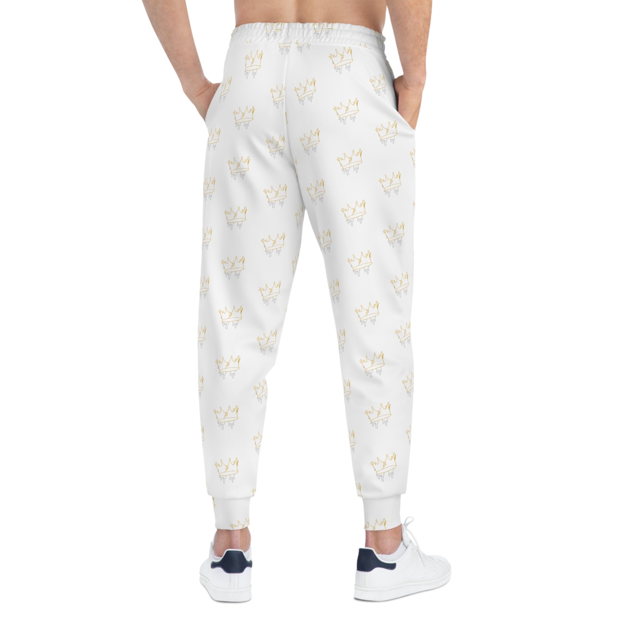 Pantalon de jogging blanc imprimé intégral avec un discret motif couronne — Pantalon de jogging de sport