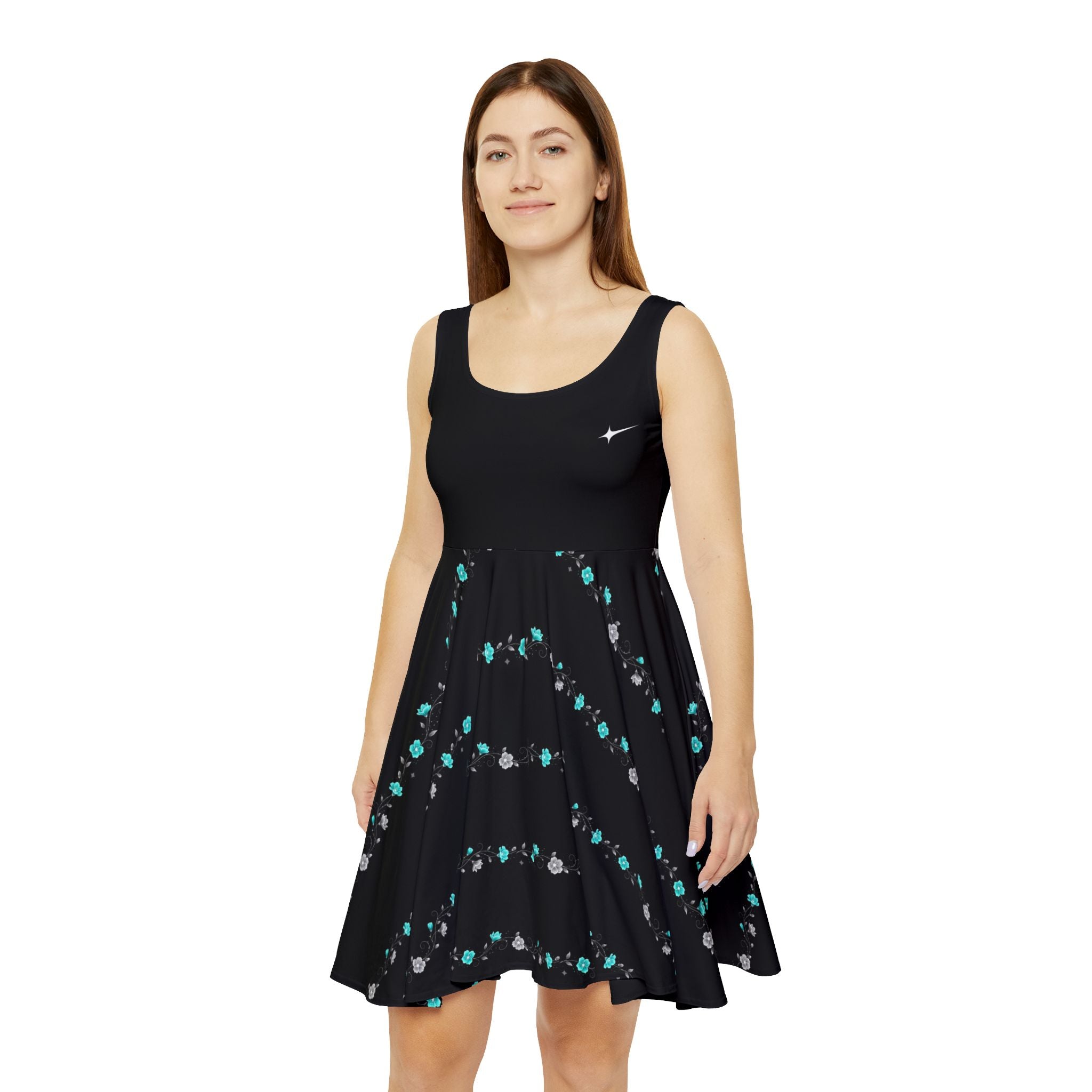 Robe patineuse à fleurs étoilées — Noir turquoise