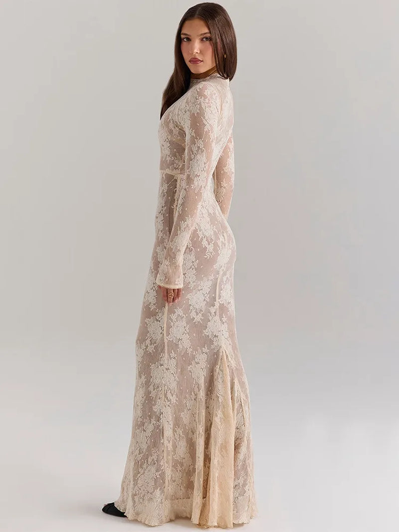 Elegant Lace New Long Sleeve round Neck Dress Women Sexy Bodycon Tight Vestidos Autumn/Winter Party Club Evening Dress
