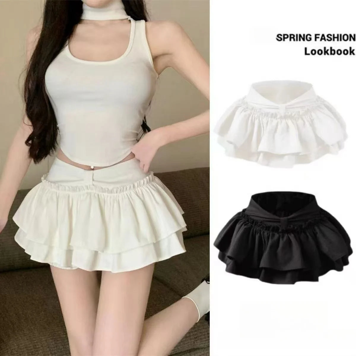 Shorts Korean Chic Kawaii Ballet-Style Tiered Skirt Sweet Princess Mini Skirts Elegant Elastic High Waist Lady'S Matching Skirt