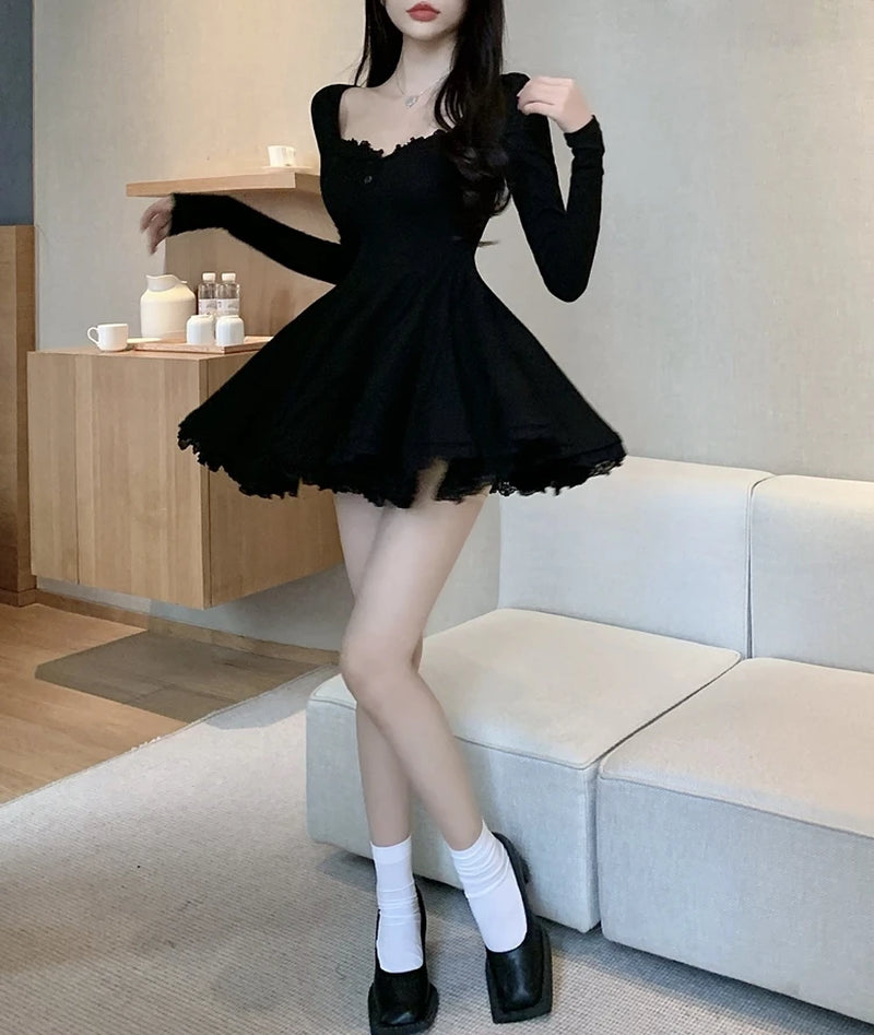 Sexy White Lace Trim Long Sleeve Waist Cinched Dress Korean Style Commute A-Line Skirt Short Dress Autumn Season Fashionable