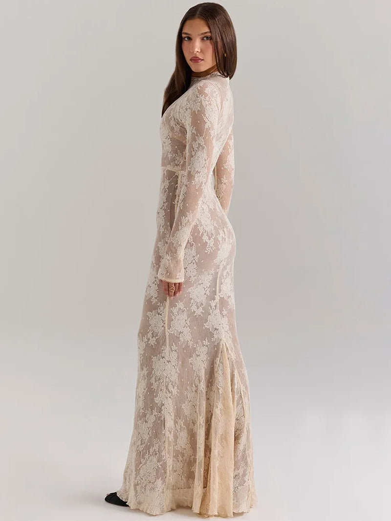 Elegant Lace New Long Sleeve round Neck Dress Women Sexy Bodycon Tight Vestidos Autumn/Winter Party Club Evening Dress
