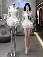 White Lace Bodycon Dress Korean Style One Shoulder Cake Skirt Short Dress Women'S Slimming Waist High Waist Summer Dress