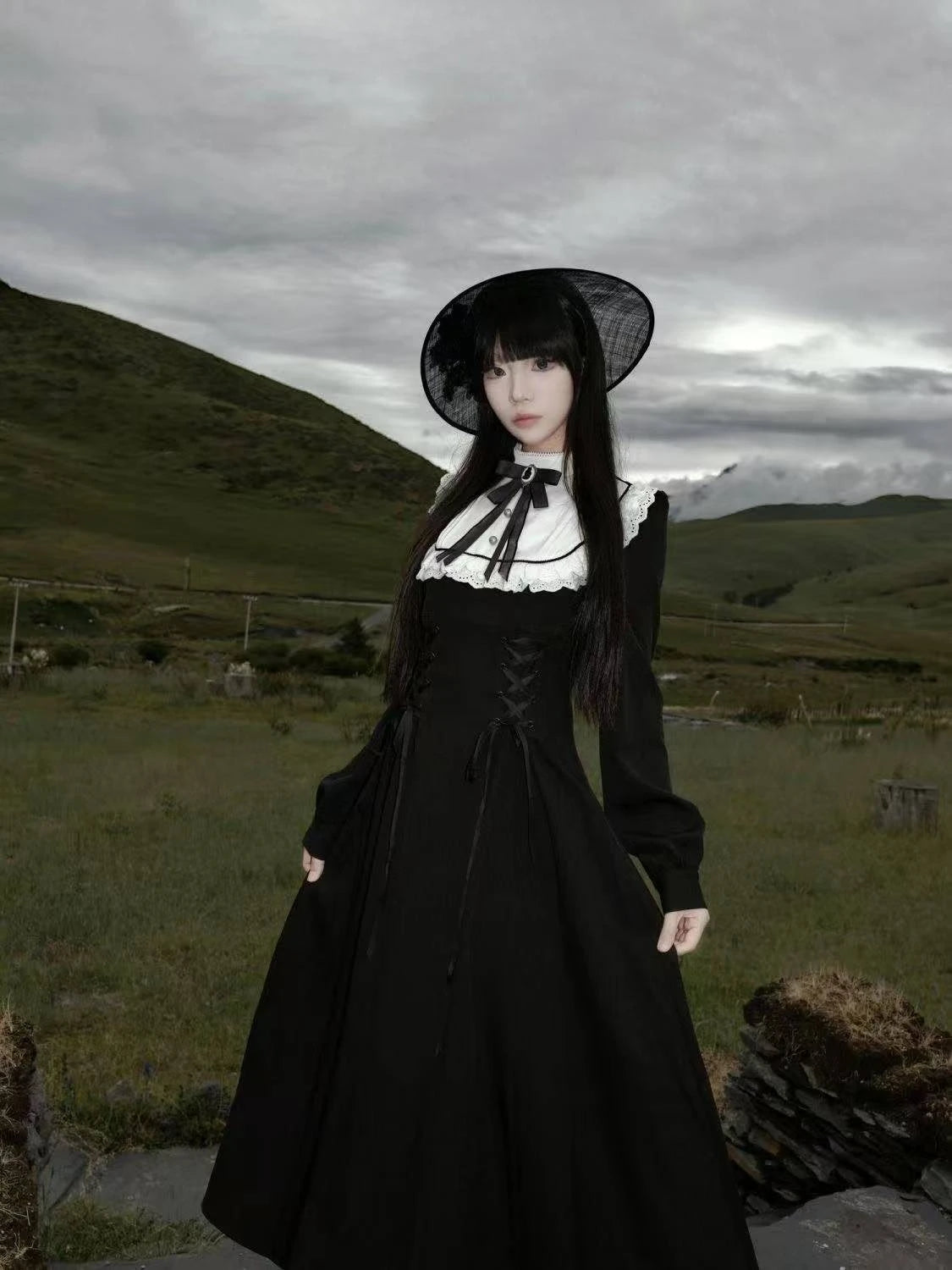 Japanese Gothic Vintage Black Dress Slim Elegant Midi Dress Solid Retro Fashion Party Dress Woman Koran Style Chic