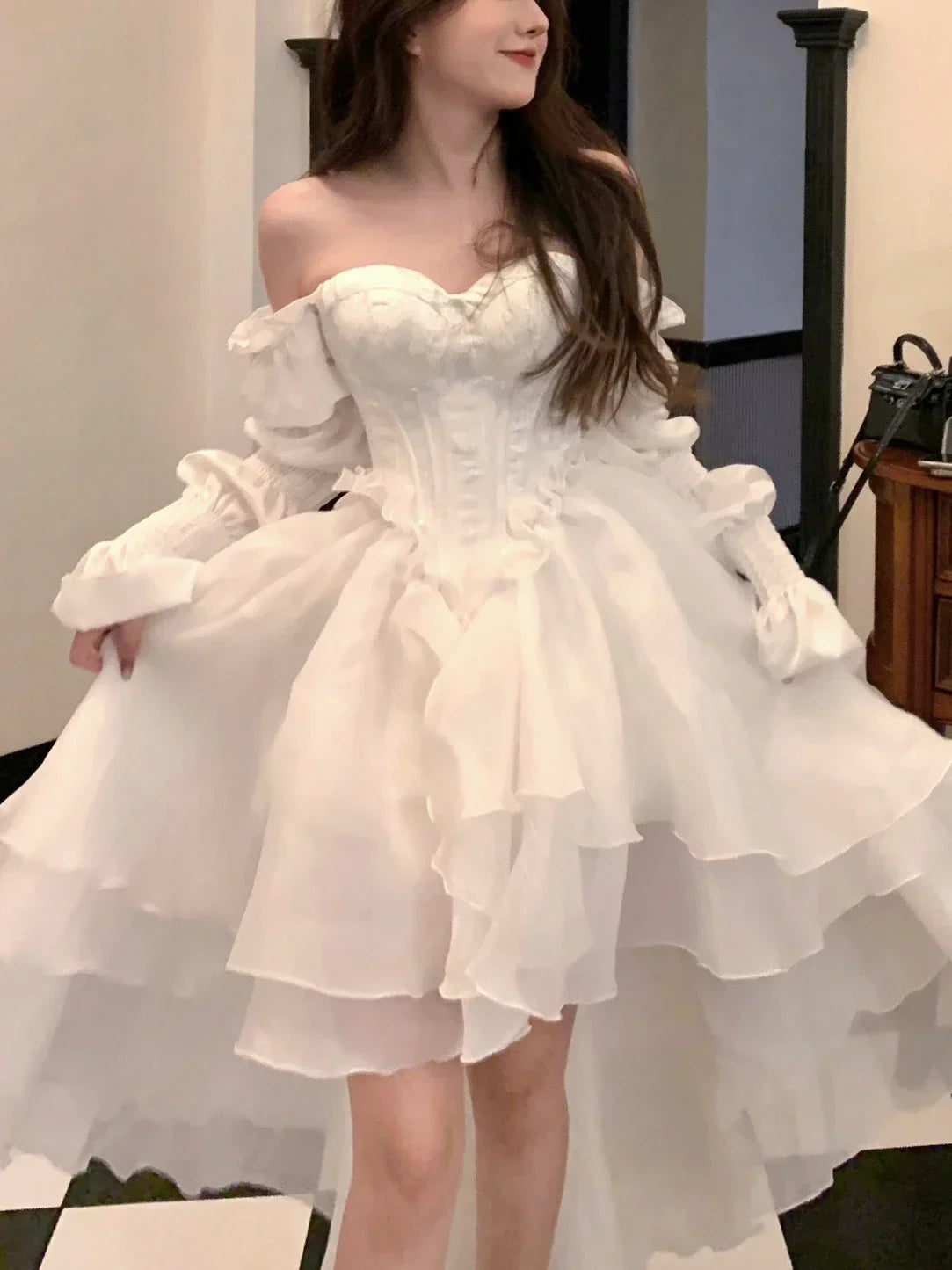 Pure Color Fairy Midi Dress Women White Elegant Evening Party Dress Beach 2026 New Casual Long Sleeve Fashion Dress Korean