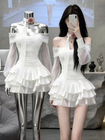 White Lace Bodycon Dress Korean Style One Shoulder Cake Skirt Short Dress Women'S Slimming Waist High Waist Summer Dress