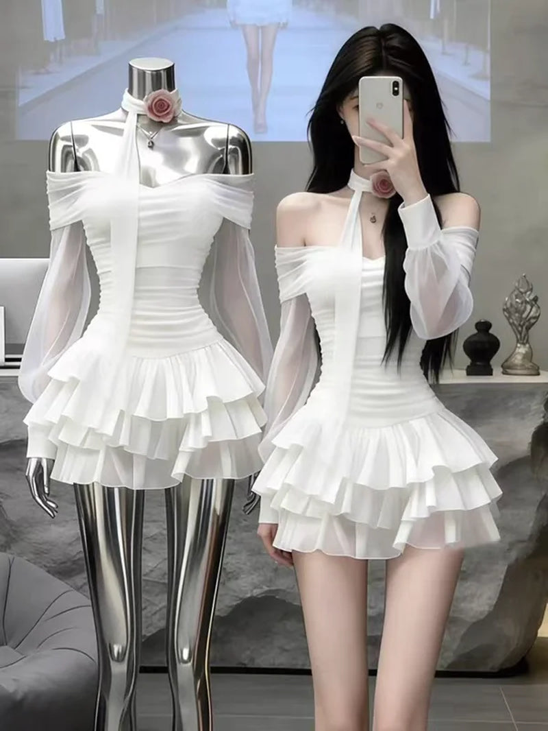 White Lace Bodycon Dress Korean Style One Shoulder Cake Skirt Short Dress Women'S Slimming Waist High Waist Summer Dress