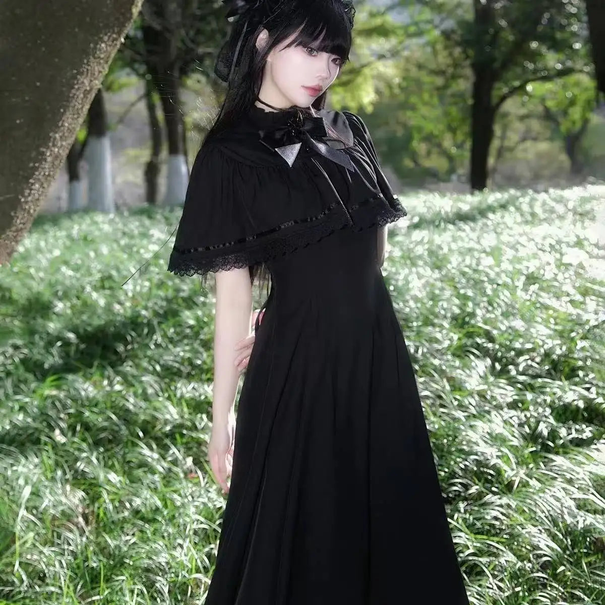 Japanese Gothic Vintage Black Dress Slim Elegant Midi Dress Solid Retro Fashion Party Dress Woman Koran Style Chic