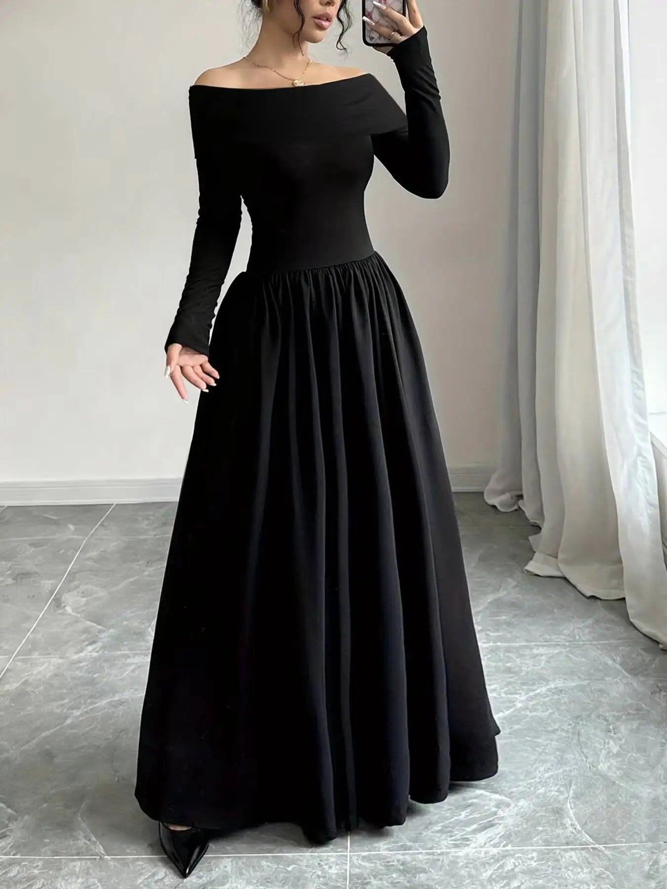 Women'S Casual Dresses off Shoulder Long Sleeve Solid Black A-Line Dress Elegant Dress Spring Summer Chic Dress Party Date Dress