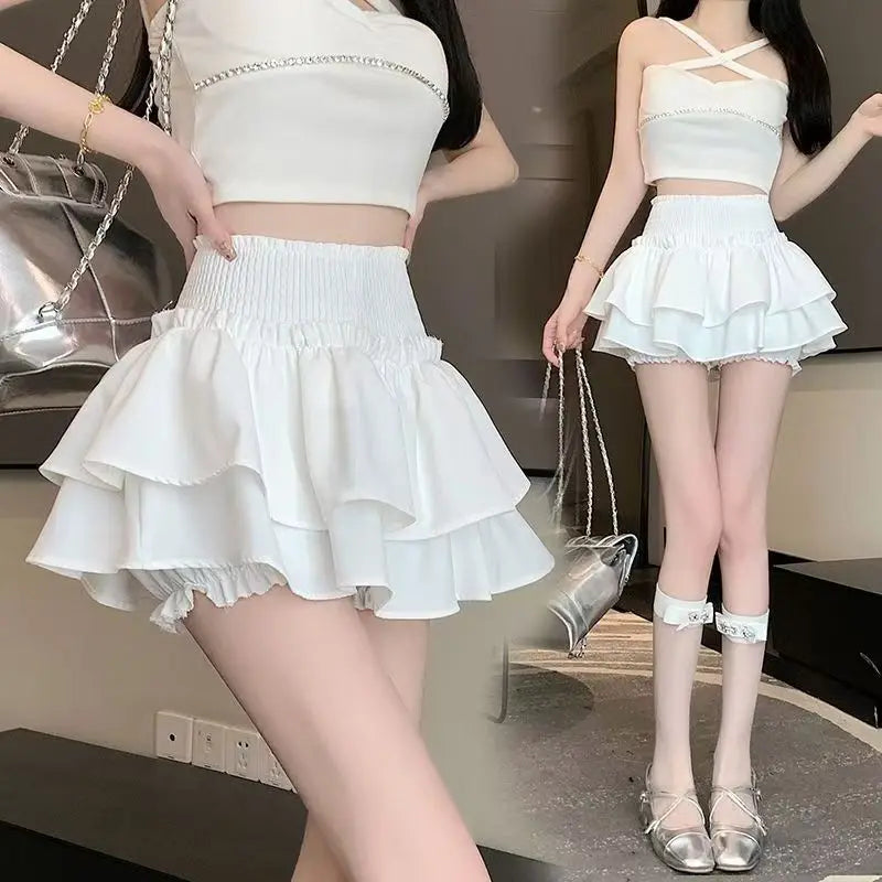 Korean Chic Y2K Sweet Girl'S White Princess Mini Skirt Ballet-Style Tiered Skirt Elastic High Waist Cake Skirt Shorts All-Match