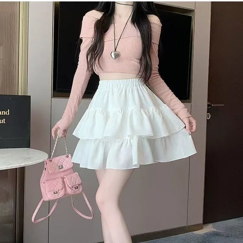 Korean Chic Y2K Sweet Girl'S White Princess Mini Skirt Ballet-Style Tiered Skirt Elastic High Waist Cake Skirt Shorts All-Match