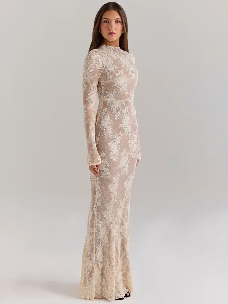 Elegant Lace New Long Sleeve round Neck Dress Women Sexy Bodycon Tight Vestidos Autumn/Winter Party Club Evening Dress