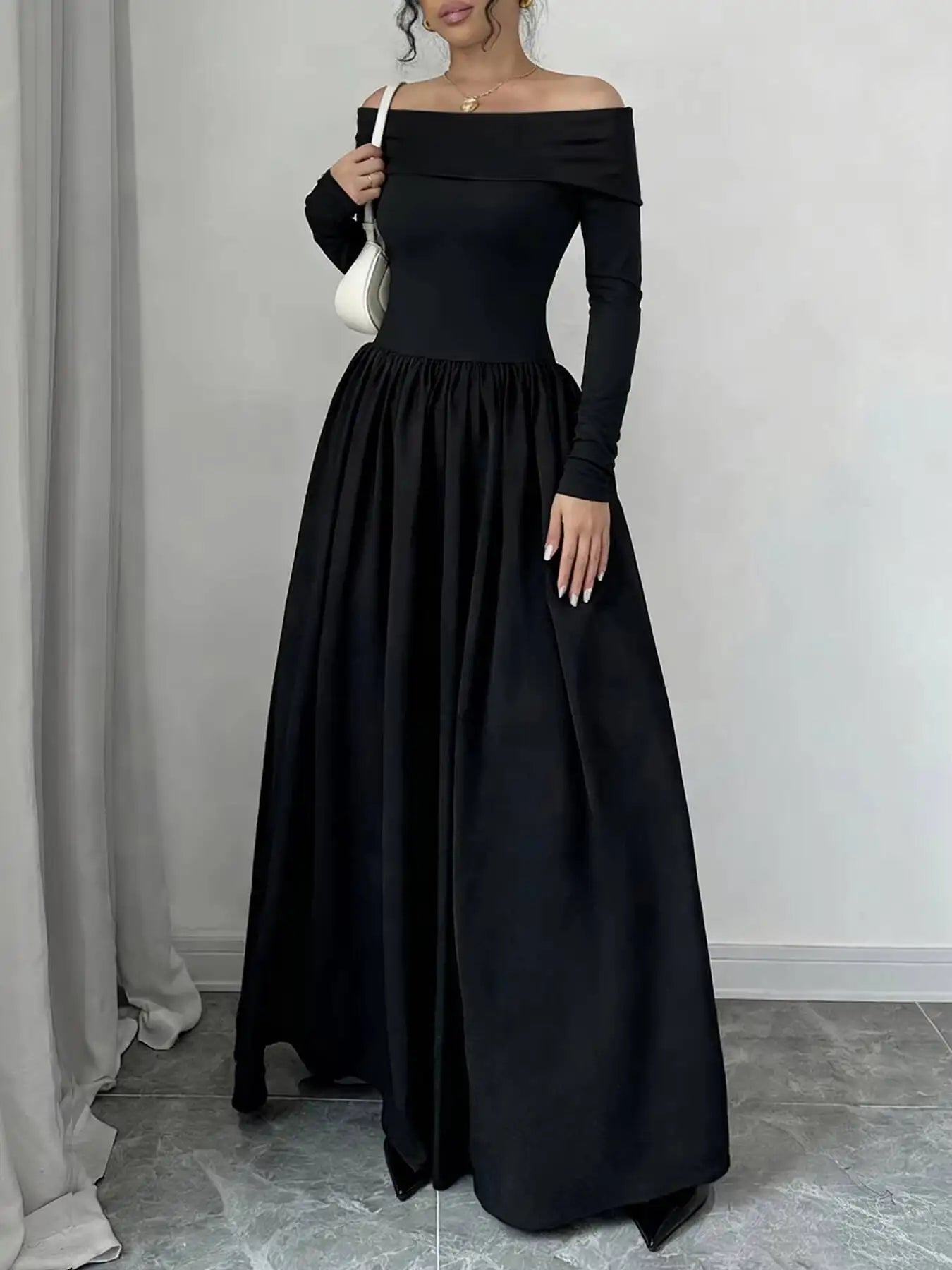 Women'S Casual Dresses off Shoulder Long Sleeve Solid Black A-Line Dress Elegant Dress Spring Summer Chic Dress Party Date Dress