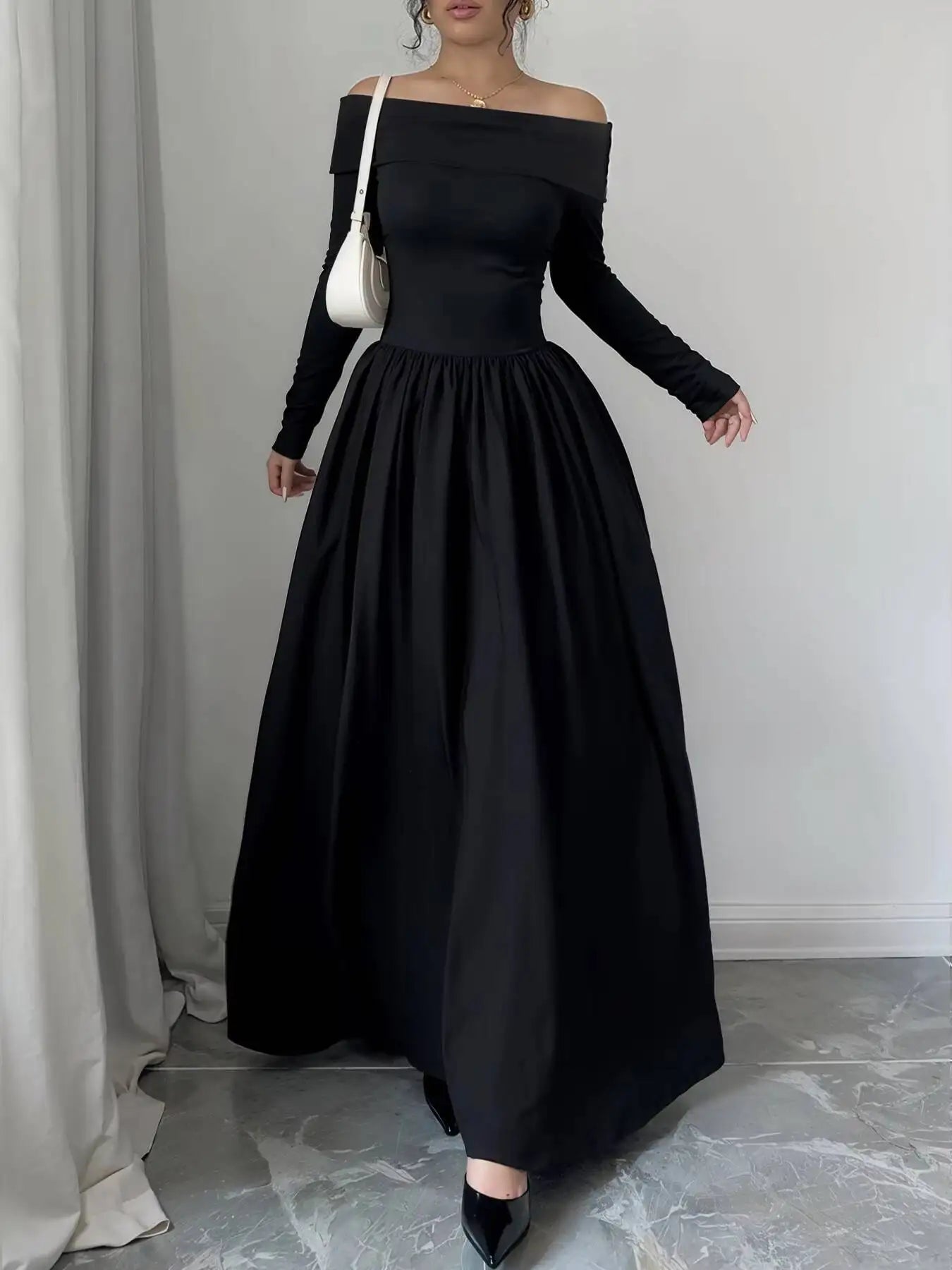 Women'S Casual Dresses off Shoulder Long Sleeve Solid Black A-Line Dress Elegant Dress Spring Summer Chic Dress Party Date Dress