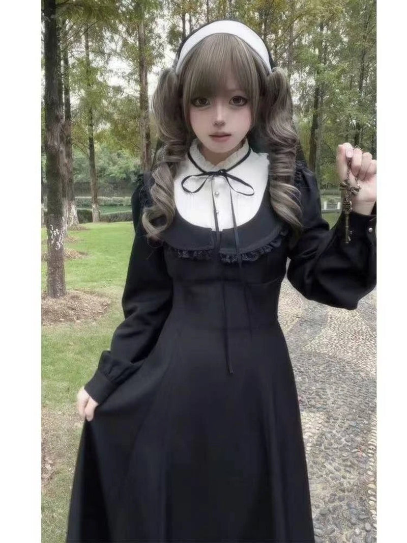 Japanese Gothic Vintage Black Dress Slim Elegant Midi Dress Solid Retro Fashion Party Dress Woman Koran Style Chic