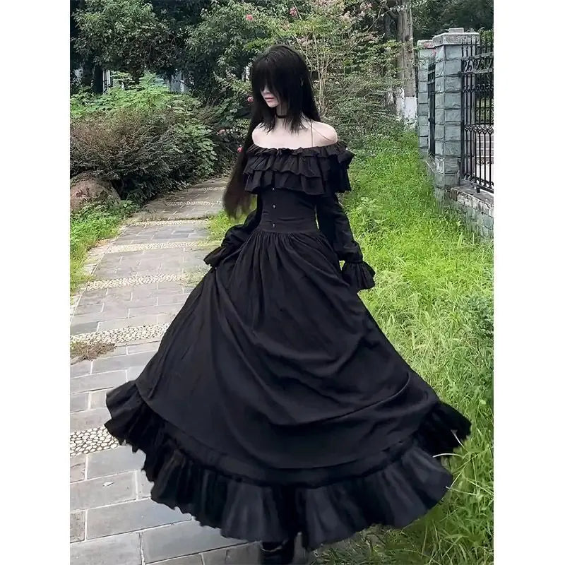 Japanese Gothic Vintage Black Dress Slim Elegant Midi Dress Solid Retro Fashion Party Dress Woman Koran Style Chic