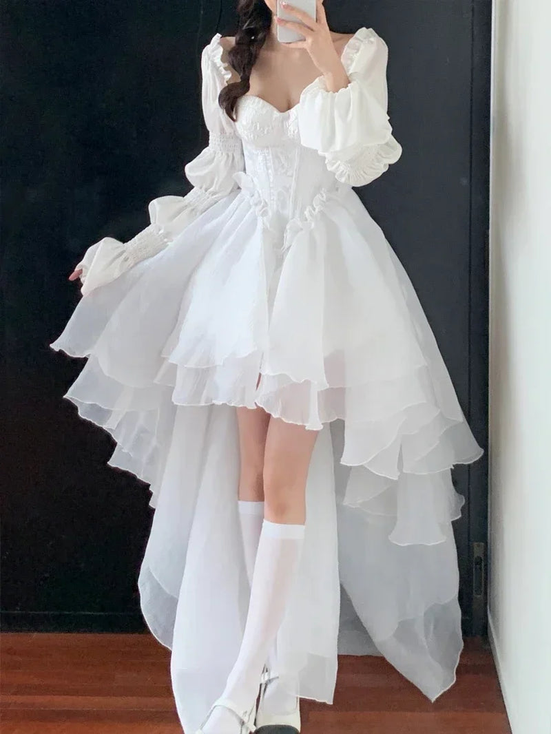 Pure Color Fairy Midi Dress Women White Elegant Evening Party Dress Beach 2026 New Casual Long Sleeve Fashion Dress Korean