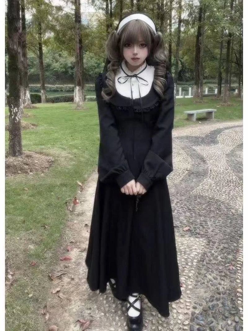 Japanese Gothic Vintage Black Dress Slim Elegant Midi Dress Solid Retro Fashion Party Dress Woman Koran Style Chic