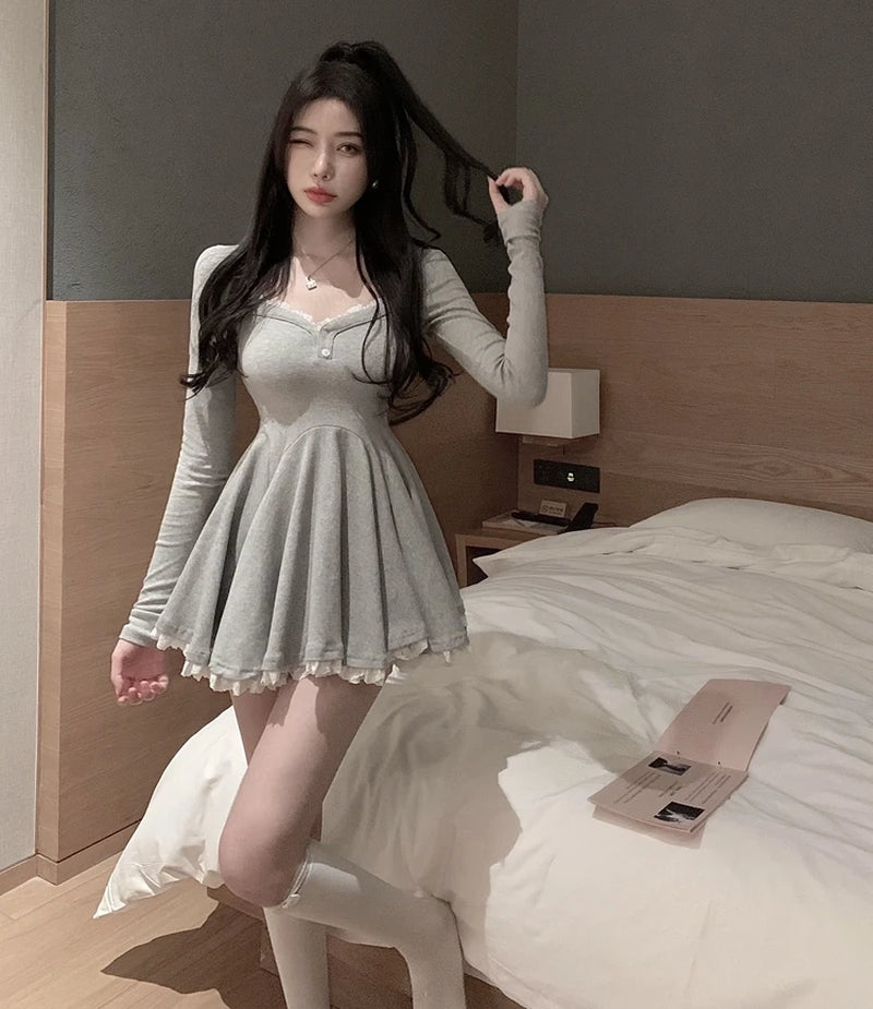 Sexy White Lace Trim Long Sleeve Waist Cinched Dress Korean Style Commute A-Line Skirt Short Dress Autumn Season Fashionable