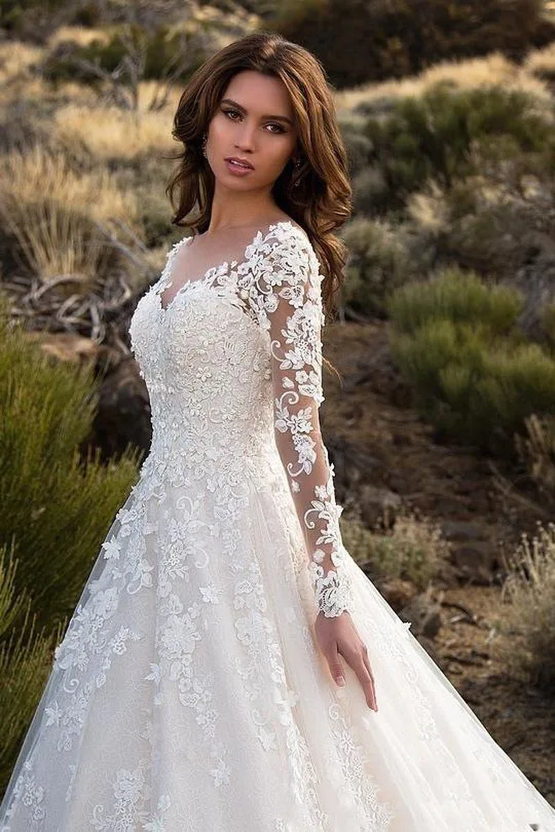 Elegant Long Sleeve Lace Bridal Gown 3XL plus Size See through Wedding Dress Ball Gown Polka Dot Pattern Mid Waist Design