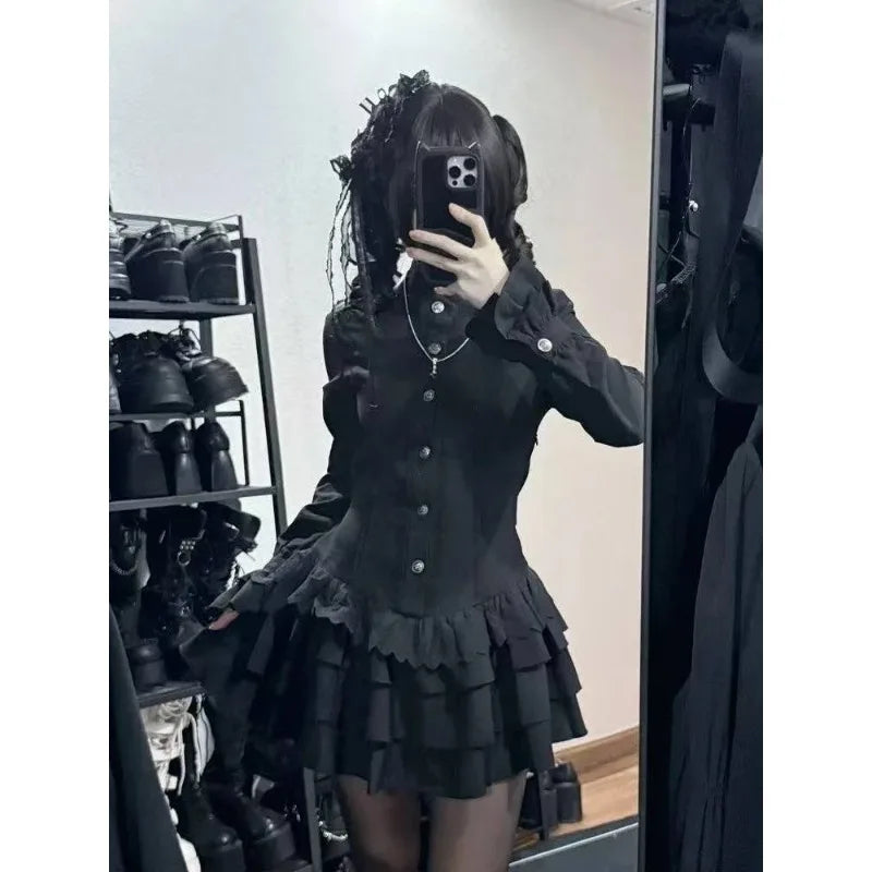 Japanese Gothic Vintage Black Dress Slim Elegant Midi Dress Solid Retro Fashion Party Dress Woman Koran Style Chic