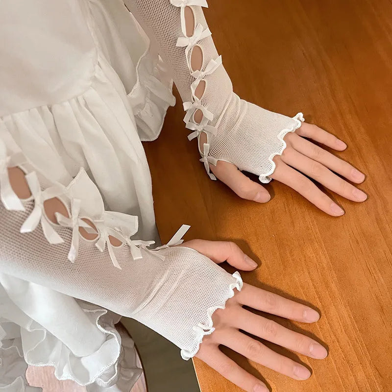 Women Cosplay Lolita Princess Style Lace Flower Thin Fingerless Long Gloves Cute Lovely Sweety Bow Elasticity Soft Hollow