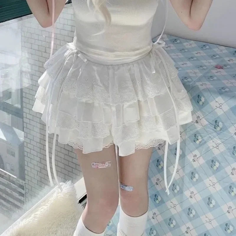 Summer White Mini Skirts Women Lace Patchwork Sweet A-Line Slim High Street Bow Korean Fashion Y2K Skirt Harajuku Streetwear Ins