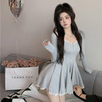 Sexy Korean Dress French Style Waist Closed Long Sleeve Collarbone Exposed Sweet Lace-Waisted Pleated A-Line Tutu Skirt 2024