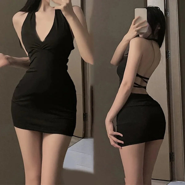 Women Sexy Halter Backless Slim V-Neck Wrap Black Party Night Mini Dress