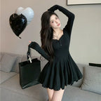Sexy Korean Dress French Style Waist Closed Long Sleeve Collarbone Exposed Sweet Lace-Waisted Pleated A-Line Tutu Skirt 2024