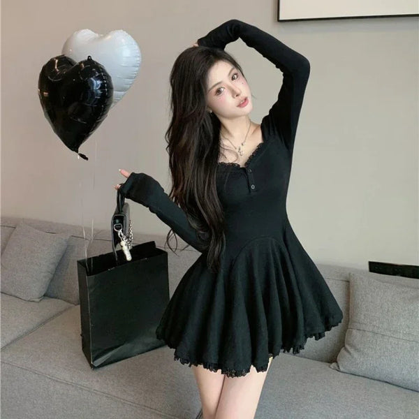 Sexy Korean Dress French Style Waist Closed Long Sleeve Collarbone Exposed Sweet Lace-Waisted Pleated A-Line Tutu Skirt 2024