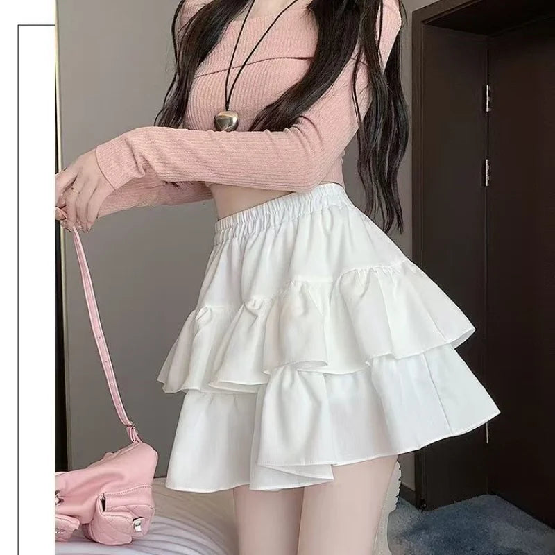 Korean Chic Y2K Sweet Girl'S White Princess Mini Skirt Ballet-Style Tiered Skirt Elastic High Waist Cake Skirt Shorts All-Match