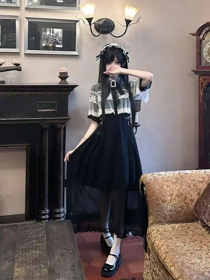 Japanese Gothic Vintage Black Dress Slim Elegant Midi Dress Solid Retro Fashion Party Dress Woman Koran Style Chic