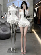 White Lace Bodycon Dress Korean Style One Shoulder Cake Skirt Short Dress Women'S Slimming Waist High Waist Summer Dress
