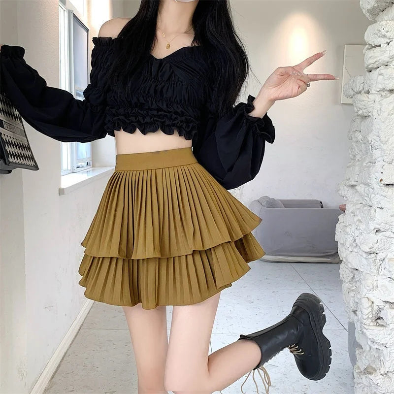 Korean Chic Y2K Sweet Girl'S White Princess Mini Skirt Ballet-Style Tiered Skirt Elastic High Waist Cake Skirt Shorts All-Match