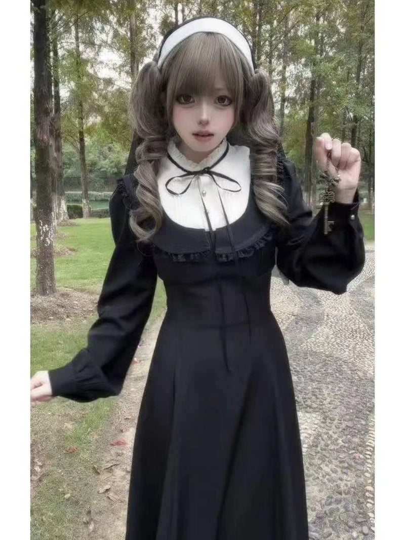 Japanese Gothic Vintage Black Dress Slim Elegant Midi Dress Solid Retro Fashion Party Dress Woman Koran Style Chic
