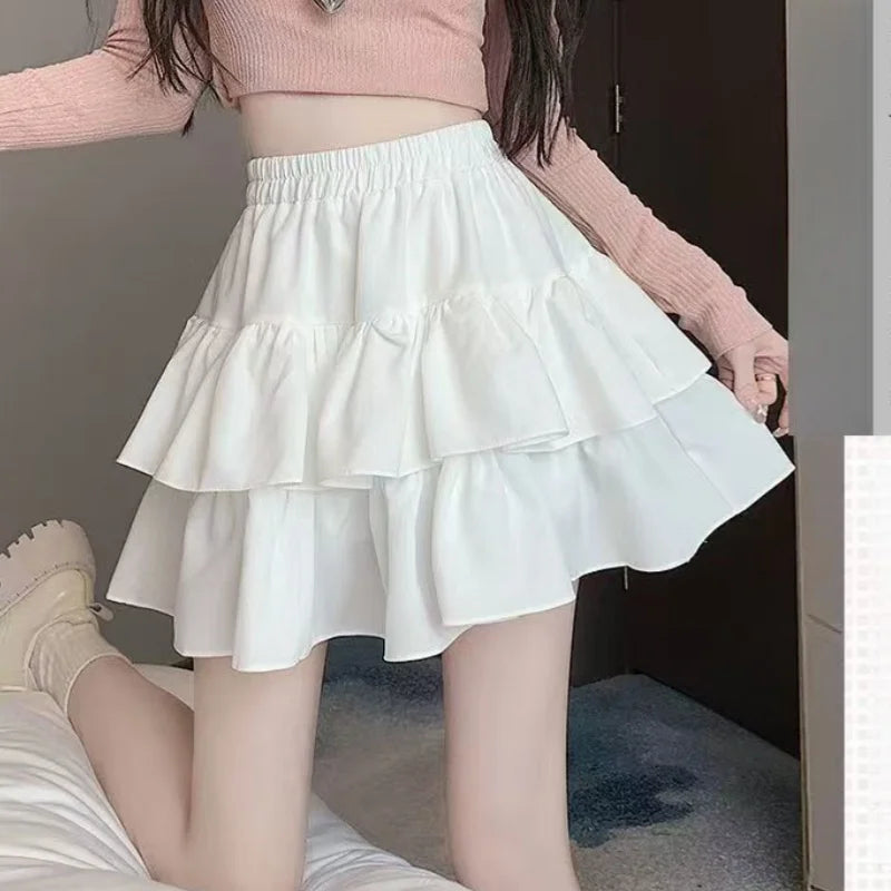 Korean Chic Y2K Sweet Girl'S White Princess Mini Skirt Ballet-Style Tiered Skirt Elastic High Waist Cake Skirt Shorts All-Match