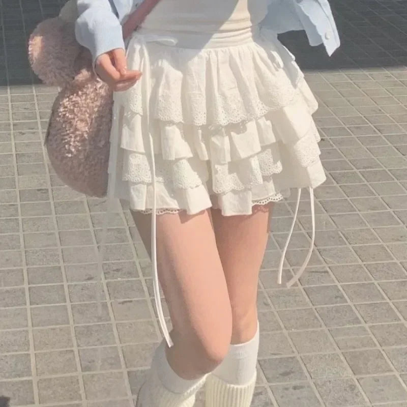 Summer White Mini Skirts Women Lace Patchwork Sweet A-Line Slim High Street Bow Korean Fashion Y2K Skirt Harajuku Streetwear Ins