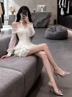 White Lace Bodycon Dress Korean Style One Shoulder Cake Skirt Short Dress Women'S Slimming Waist High Waist Summer Dress