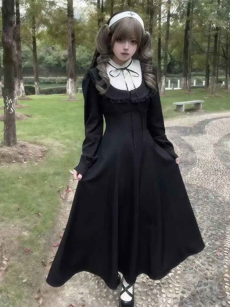 Japanese Gothic Vintage Black Dress Slim Elegant Midi Dress Solid Retro Fashion Party Dress Woman Koran Style Chic