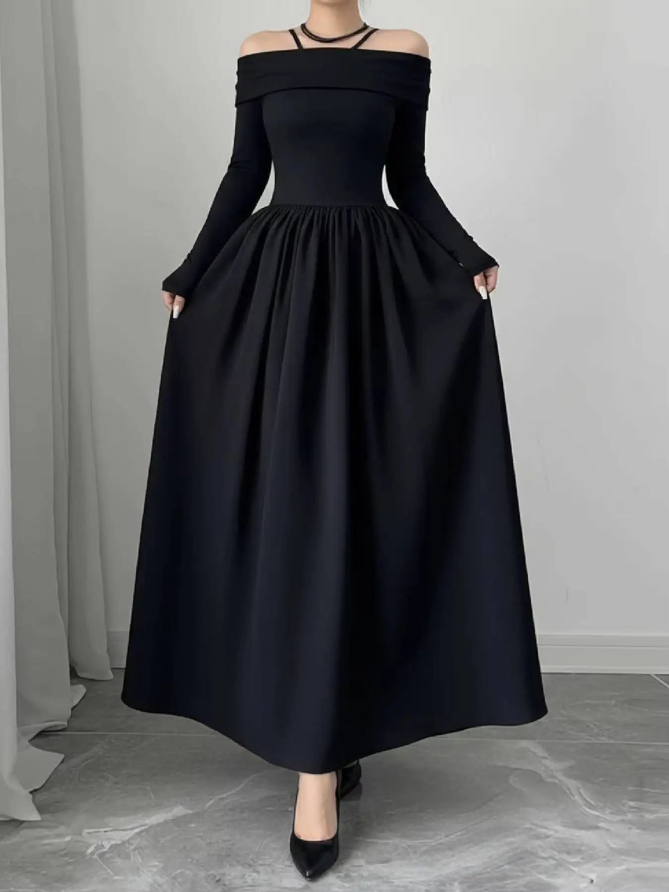 Women'S Casual Dresses off Shoulder Long Sleeve Solid Black A-Line Dress Elegant Dress Spring Summer Chic Dress Party Date Dress