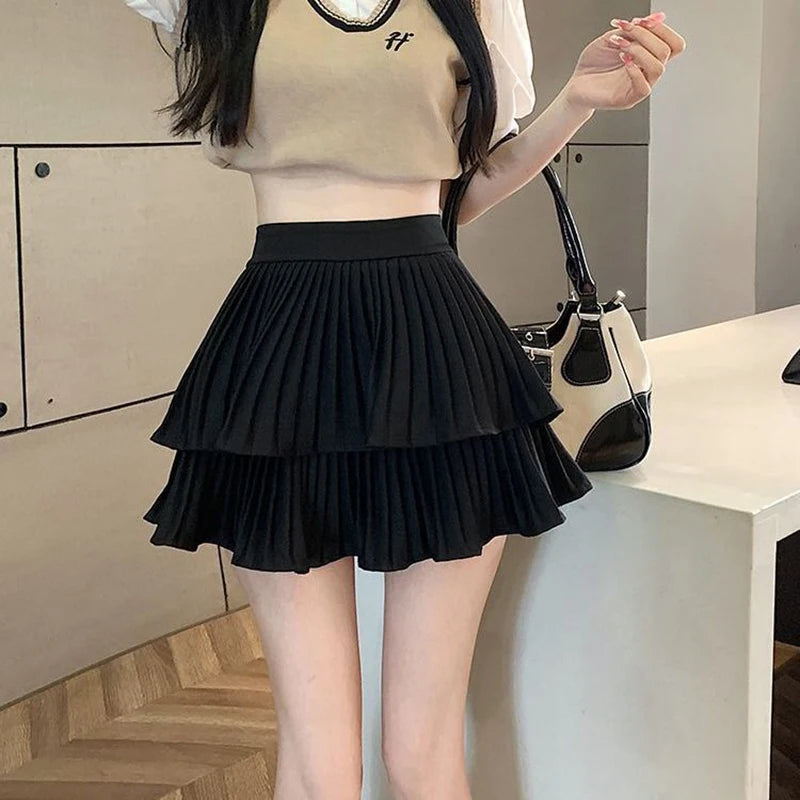 Korean Chic Y2K Sweet Girl'S White Princess Mini Skirt Ballet-Style Tiered Skirt Elastic High Waist Cake Skirt Shorts All-Match