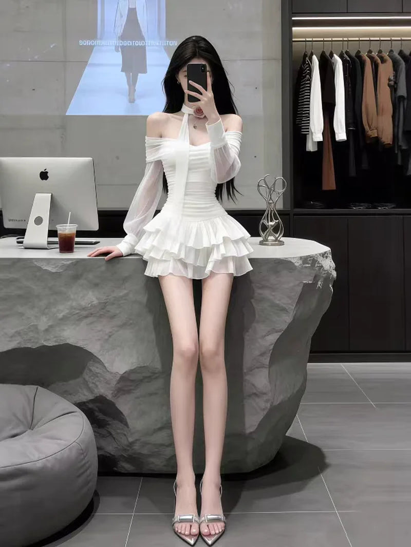 White Lace Bodycon Dress Korean Style One Shoulder Cake Skirt Short Dress Women'S Slimming Waist High Waist Summer Dress