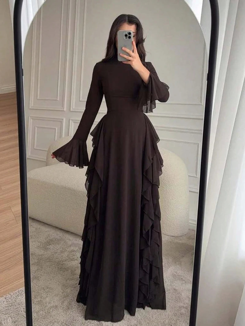 2025 European and American Women'S Elegant Casual High-Waisted Solid-Colour Bell-Sleeve Dress Long Dress with Long Sleeves