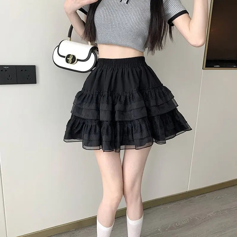 Korean Chic Y2K Sweet Girl'S White Princess Mini Skirt Ballet-Style Tiered Skirt Elastic High Waist Cake Skirt Shorts All-Match