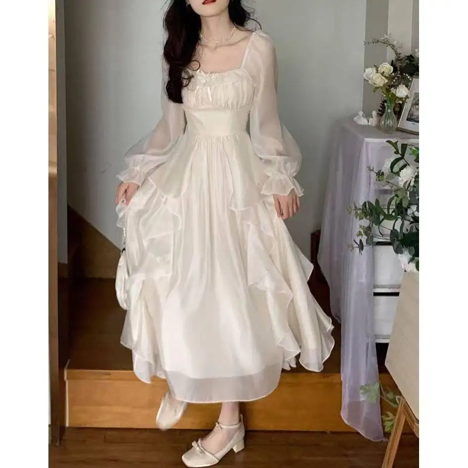 Pure Color Fairy Midi Dress Women White Elegant Evening Party Dress Beach 2026 New Casual Long Sleeve Fashion Dress Korean