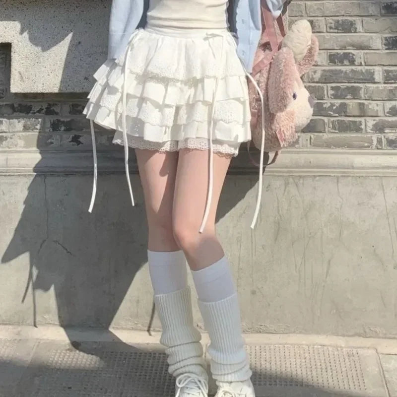 Summer White Mini Skirts Women Lace Patchwork Sweet A-Line Slim High Street Bow Korean Fashion Y2K Skirt Harajuku Streetwear Ins