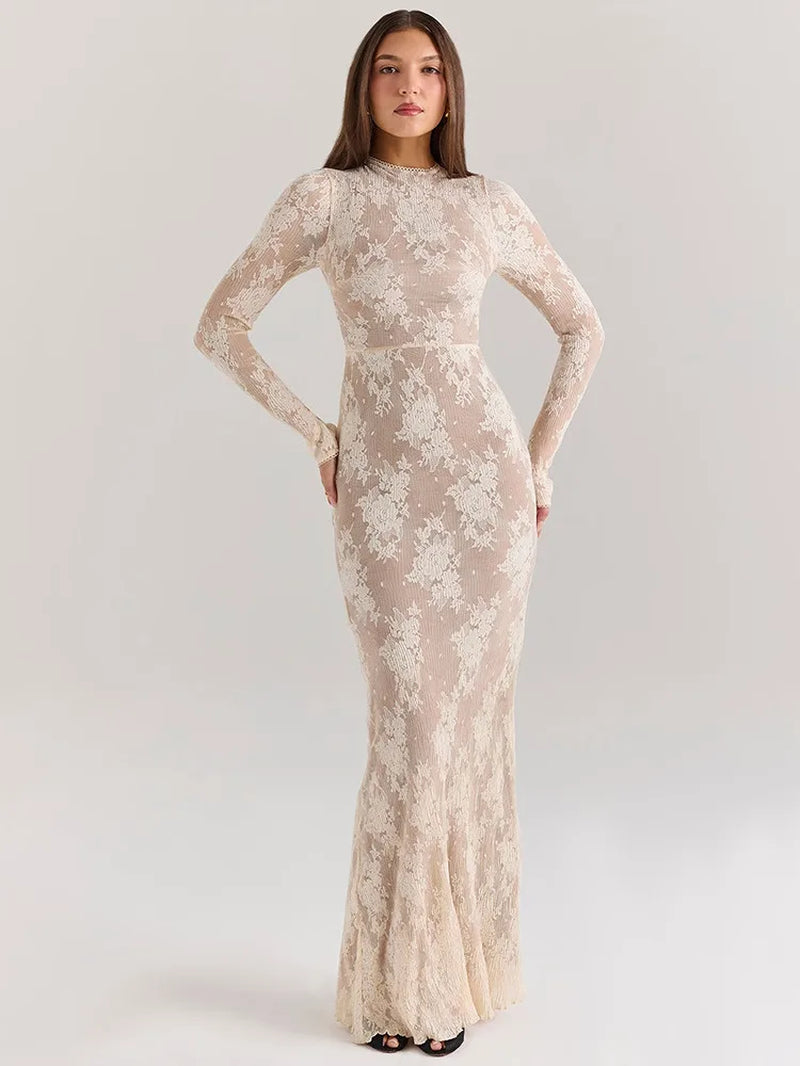 Elegant Lace New Long Sleeve round Neck Dress Women Sexy Bodycon Tight Vestidos Autumn/Winter Party Club Evening Dress