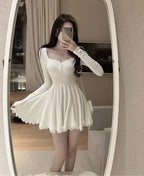 Sexy White Lace Trim Long Sleeve Waist Cinched Dress Korean Style Commute A-Line Skirt Short Dress Autumn Season Fashionable